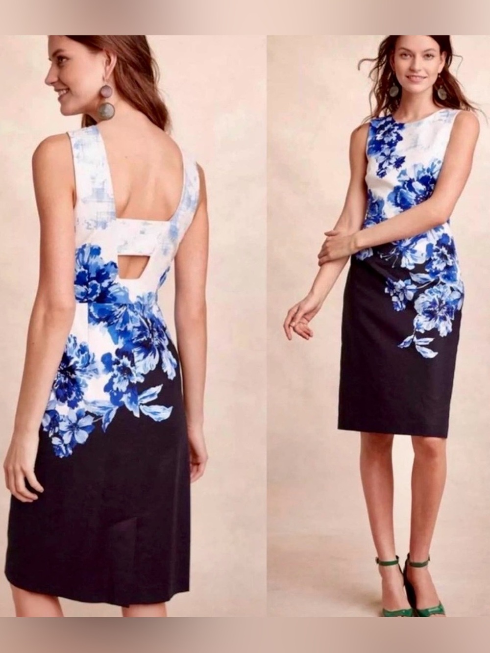 Anthropologie Maeve Vanda Navy and White Floral Sheath Pencil Dress Size 6
